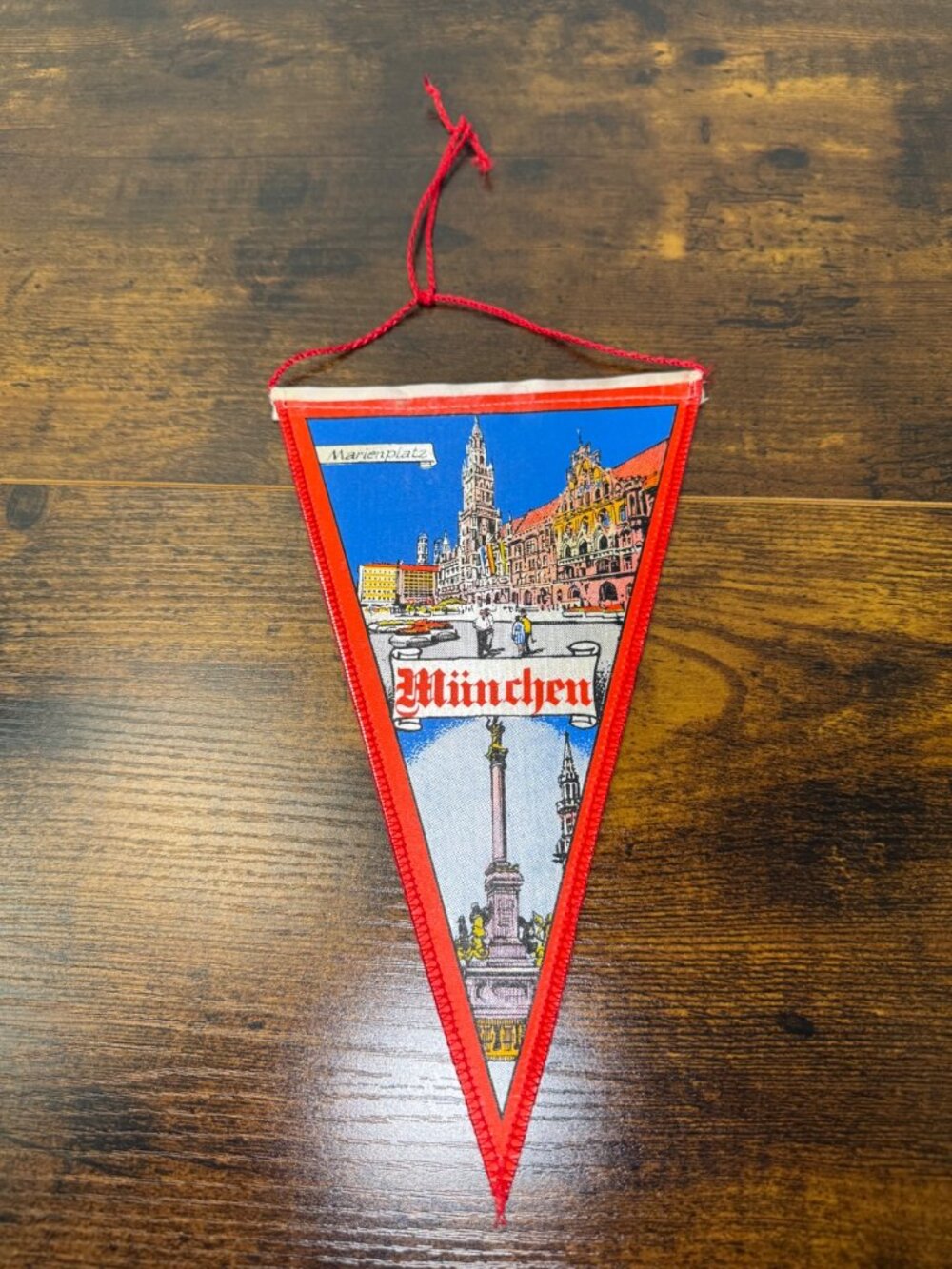 Vintage Munich Marienplatz Souvenir Pennant With Red Trim & Hanging Cord